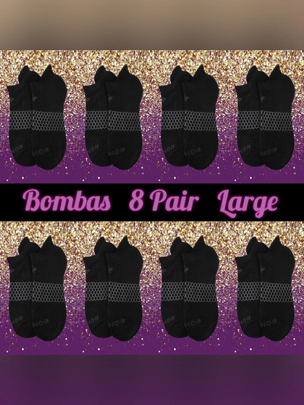 Bombas Ankle Socks Large 8 Pair Unisex Womens & MensHoneycomb Black/Grey BNWT